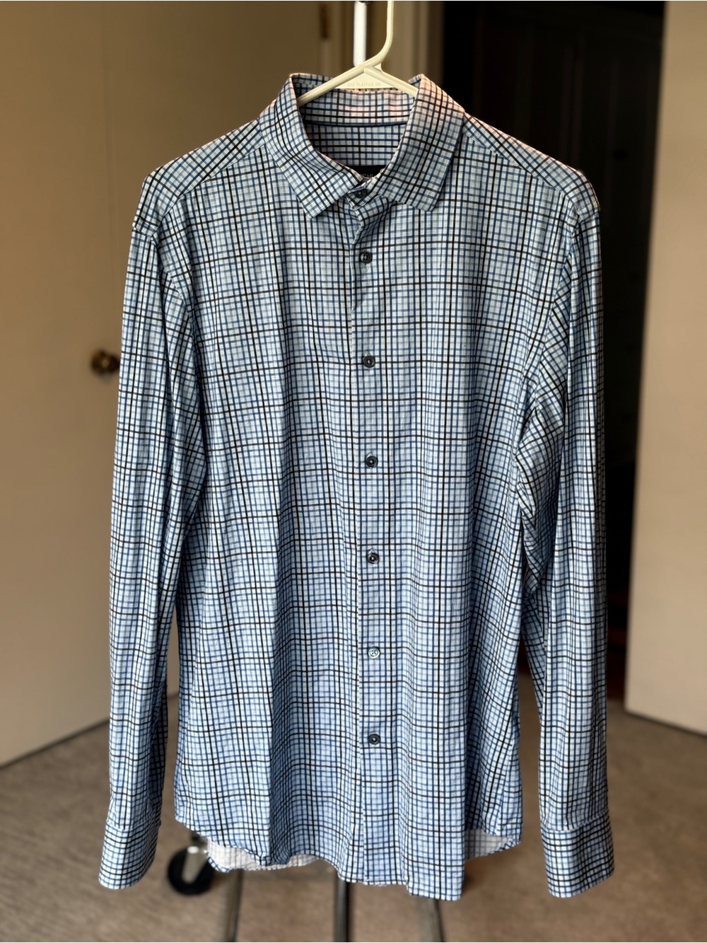 Bugatchi Men's Navy and White Grid-Check Dress Shirt
